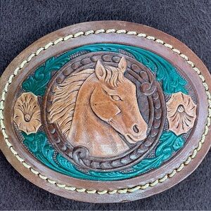 Hand - tooled Leather Horse Belt Buckle